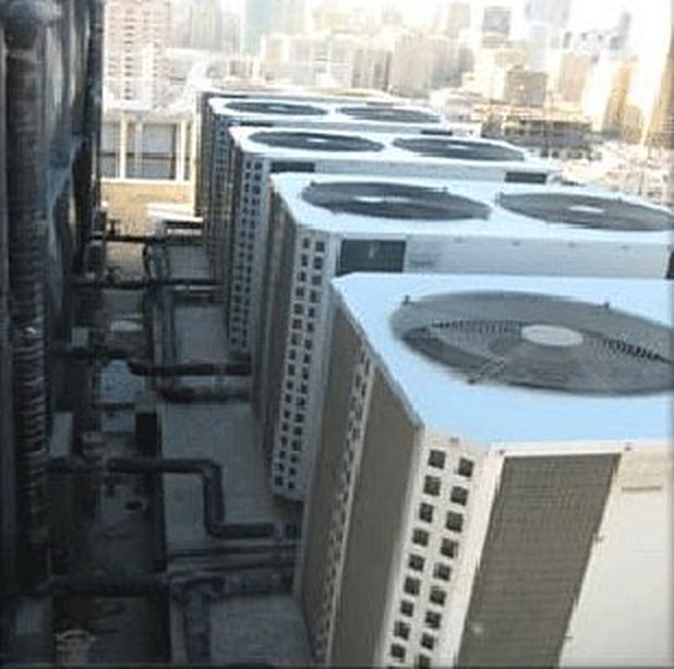 Water cooling units on a hotel roof